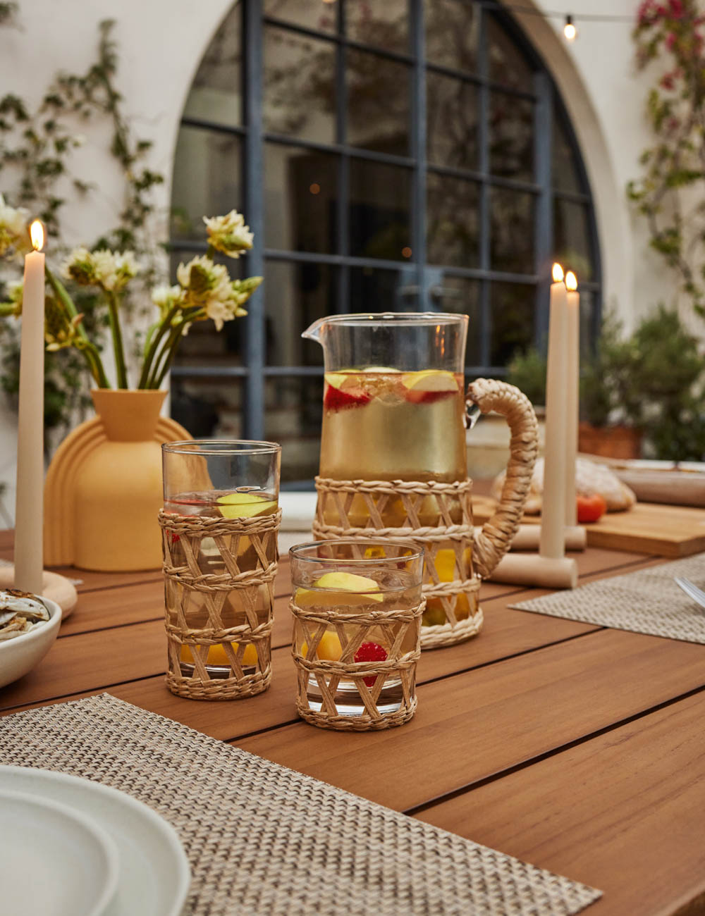 Hand Painted Fruit on Clear Glass Pitcher & 3 Glasses Retro Sangria  Cocktails