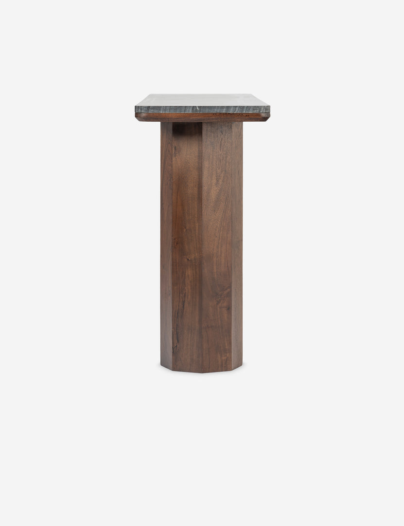 #color::brown-and-black-marble | Side profile of the Phan pillar-leg, marble-top console table.