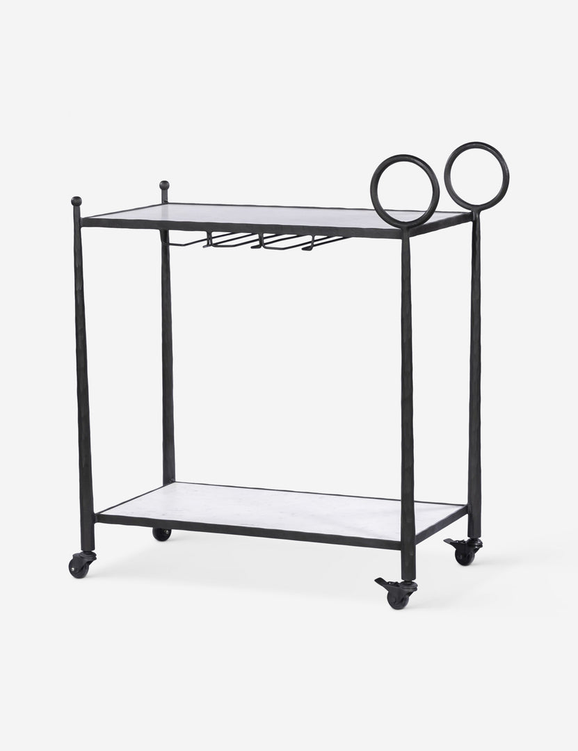 #color::black | Angled view of the Verdi metal and marble rolling outdoor bar cart.