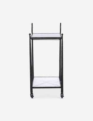 Side profile of the Verdi metal and marble rolling outdoor bar cart.