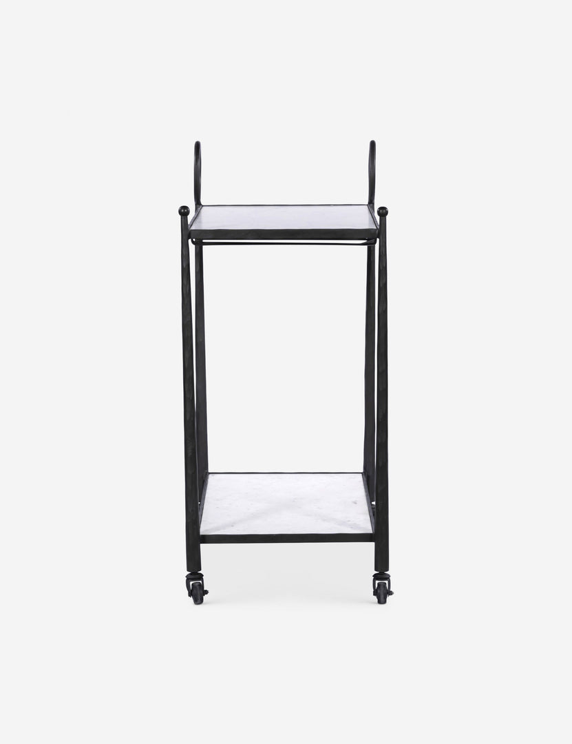 #color::black | Side profile of the Verdi metal and marble rolling outdoor bar cart.