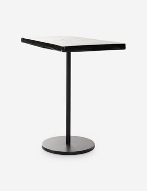 Side view of the Bergen retro iron frame and glass top side table