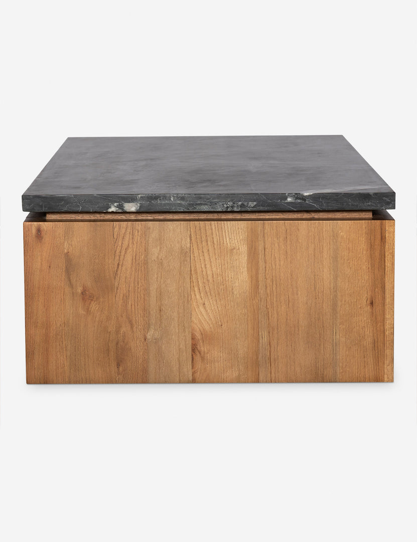 #color::black-marble | Side view of the Brickell solid oak and marble top waterfall coffee table.