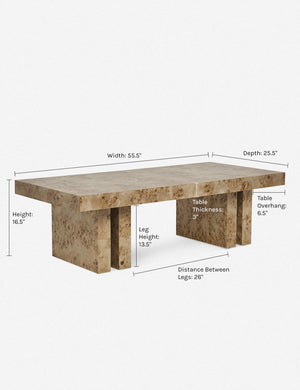 Dimensions on the Brisa Burl Wood Coffee Table