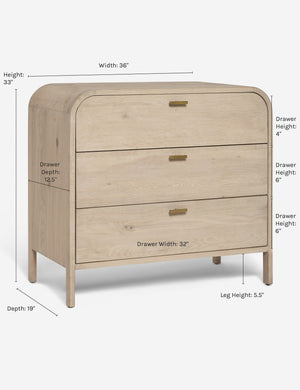 Brooke 3-drawer white-washed oak dresser with rounded corners and iron pulls