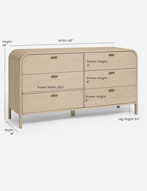 Brooke whitewashed oak 6-drawer rounded dresser with iron drawer pulls