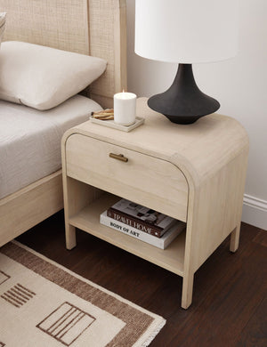 Brooke one drawer whitewashed nightstand with an open shelf and sleek iron pull