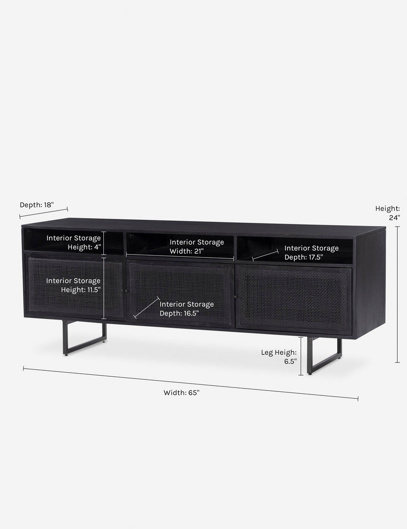 #color::black-and-black | Dimensions on the Hannah media console with cane doors.