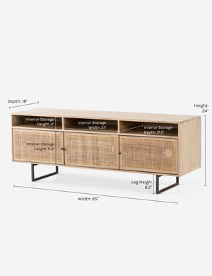 Dimensions on the Hannah natural mango wood media console with cane doors.