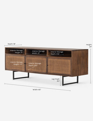 Dimensions on the Hannah media console with cane doors.