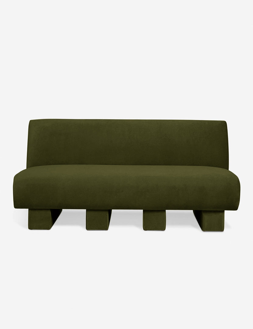 #color::Loden-Velvet | Lena Cognac Velvet armless upholstered sofa with beam legs by Sarah Sherman Samuel