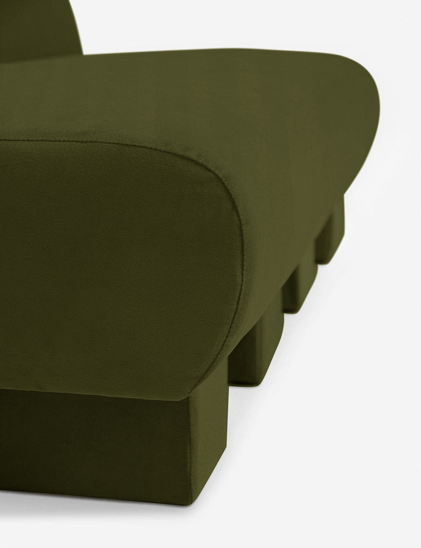 #color::Loden-Velvet | Close-up of the side of the Lena Cognac Velvet armless sofa