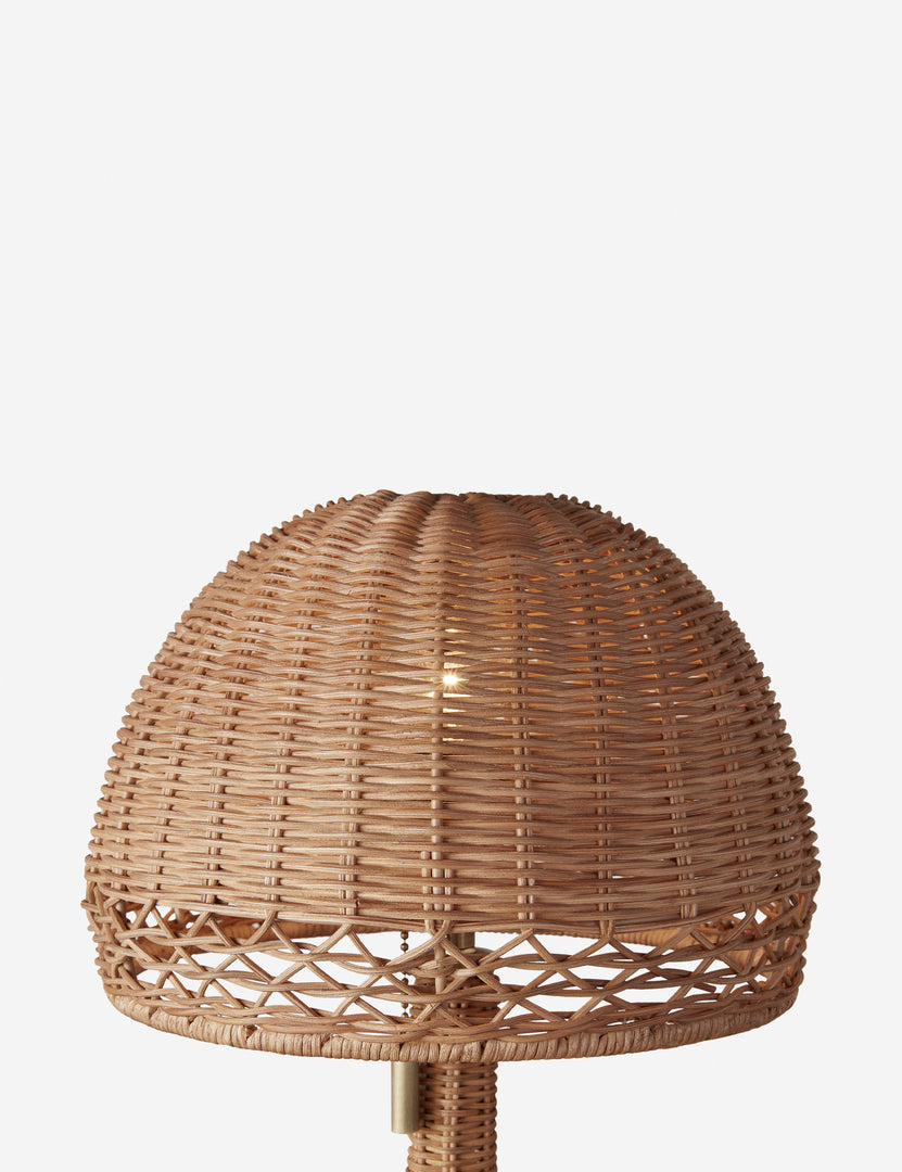 #color::natural #size::mini | Close up of the shade of the Quinley dome rattan coast table lamp.