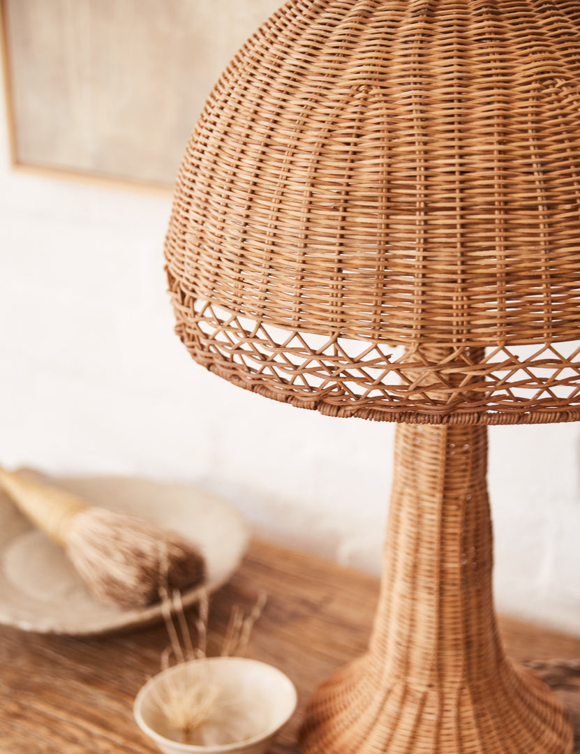 #color::natural #size::large | Close up of the Quinley dome rattan coast table lamp.