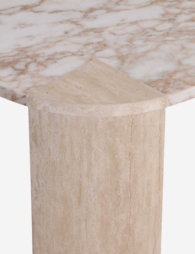 #color::travertine-and-marble | Close up of the Mahoe oval marble and travertine coffee table by Carly Cushnie.