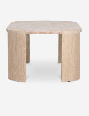 Side profile of the Mahoe oval marble and travertine coffee table by Carly Cushnie.