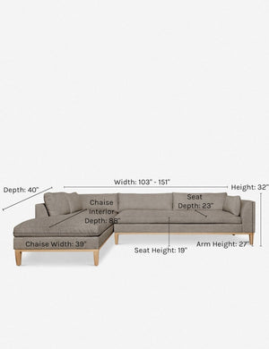 Dimensions on the Charleston flannel left-facing sectional sofa