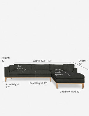 Dimensions on the Charleston charcoal right-facing sectional sofa