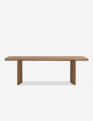 Head on view of the Remwald sculptural oak wood rectangular dining table.