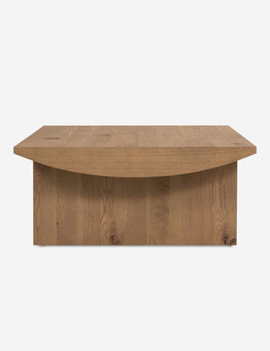 Side profile of the Remwald sculptural oak wood coffee table.