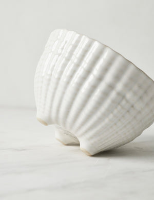 Close-up of the Aparte white footed bowl with shell inspired design by Costa Nova