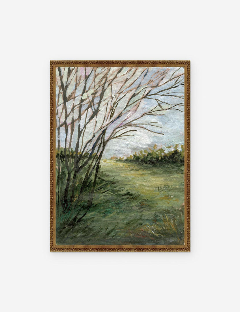 | The Quiet Print in a bronze frame features a sunlit field captured in soft textural strokes by Laurel-Dawn Latshaw