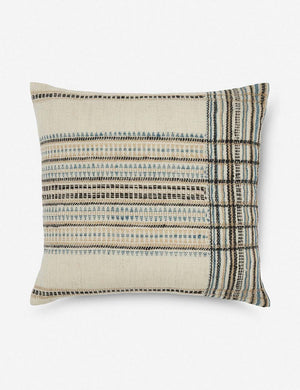 Skylar cream, blue, and black square pillow with geometric stitching