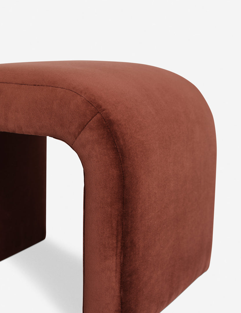 #color::paprika | Detailed shot of the rounded corner on the Paprika Velvet Tate Stool