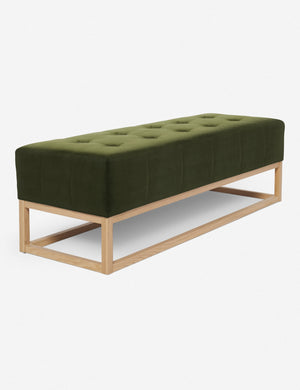 Angled view of the Grasmere jade green velvet wooden bench