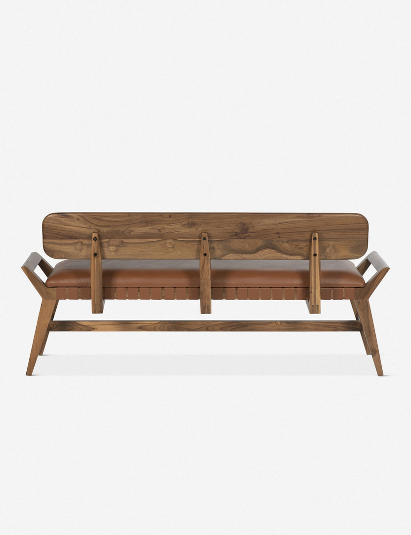 | Back of the Sienna mid-century teak bench with leather cushion.